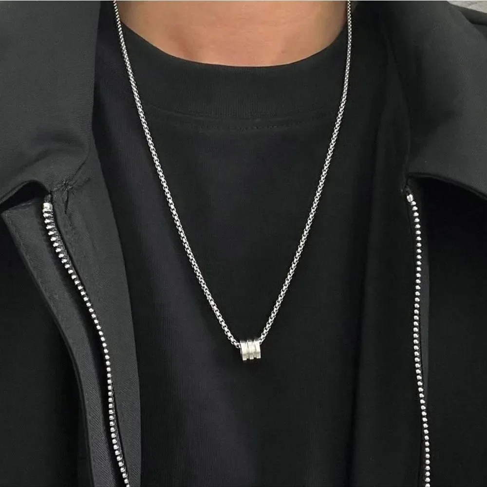 Men’s Titanium Steel Silver Cylinder Barrel Pendant Necklace Hip Hop Minimal 24